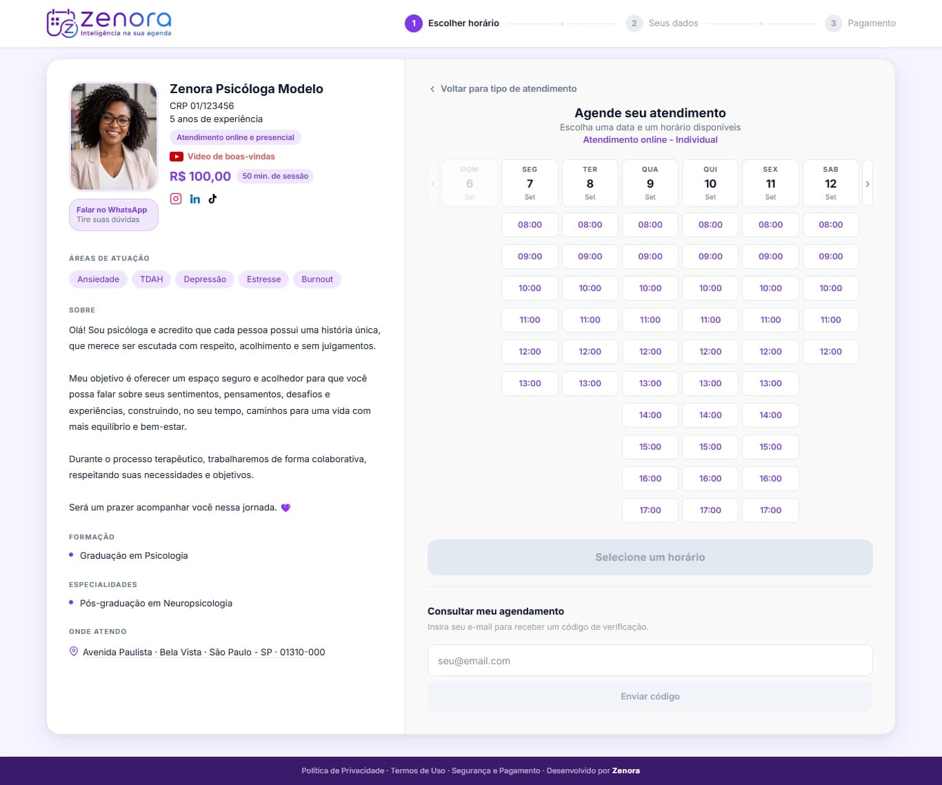 Página de agendamento da Zenora Psicóloga Modelo — etapa de escolha de horário
